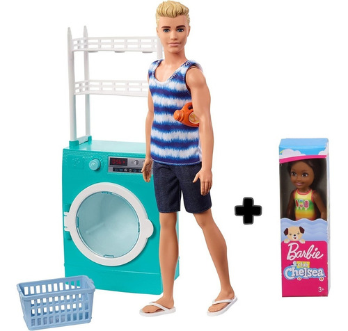 Muñeco Ken Lavadora Y Accesorios + Muñeca Chelsea - Fyk51